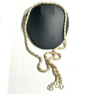 Simulated Pearl & Gold Tone Beaded Rope Lariat Necklace or Hippie Belt Open End